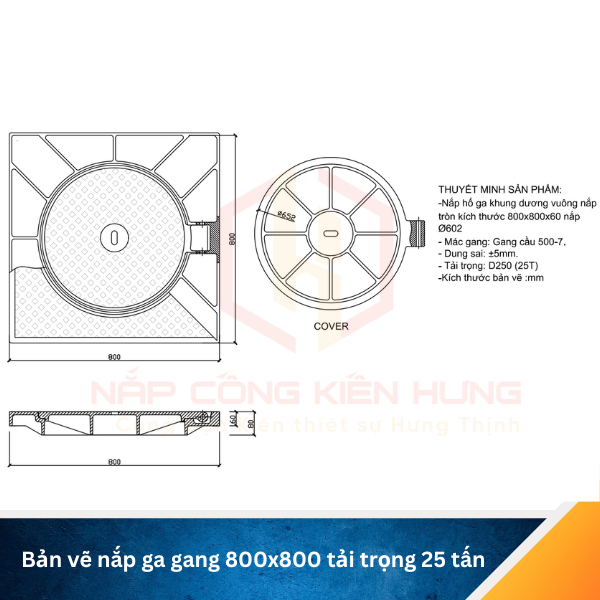 Bản vẽ nắp gang 800x800 khung dương tải trọng 25 tấn